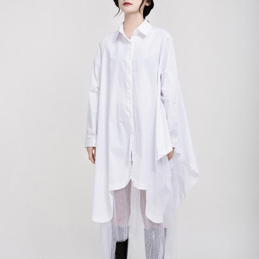 Women Turnover Collar Irregular Net Fall Shirt Dresses