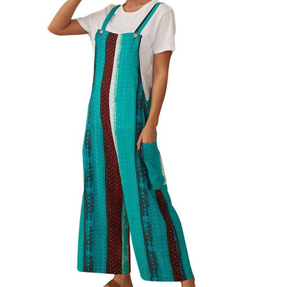 Women Linen Print Straps Jumpsuits-STYLEGOING