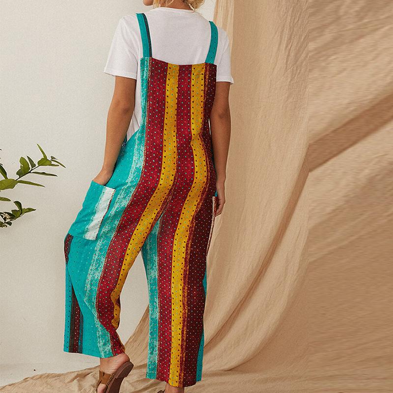 Women Linen Print Straps Jumpsuits-STYLEGOING