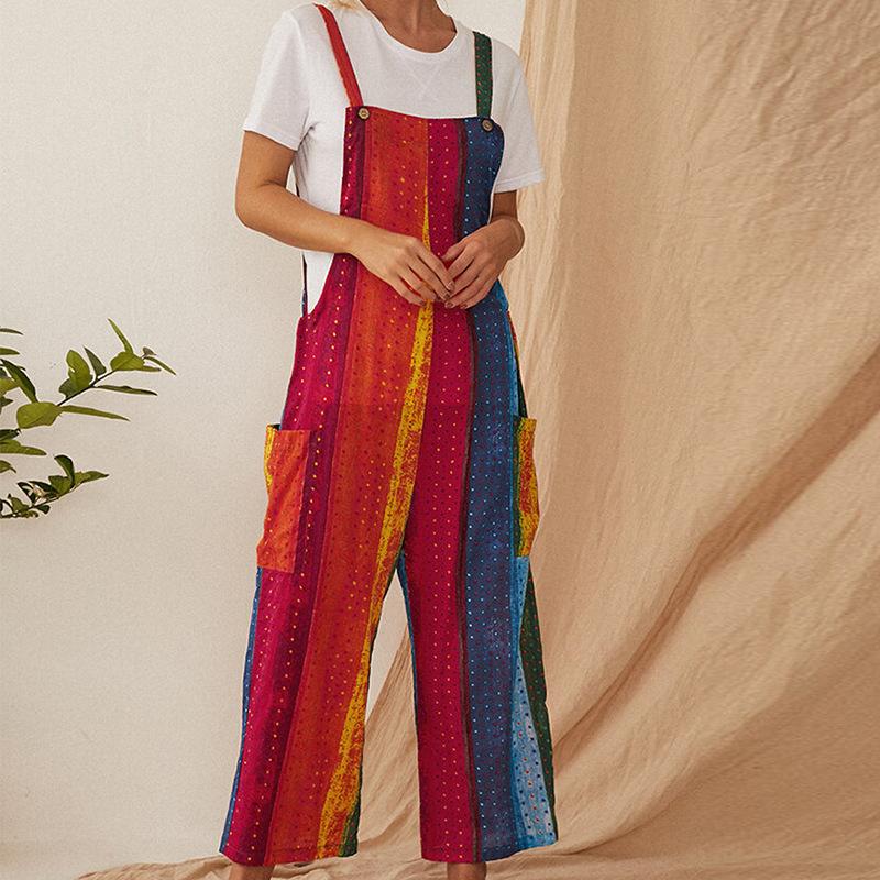 Women Linen Print Straps Jumpsuits-STYLEGOING