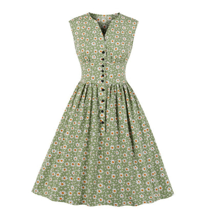 Summer Sleevess Retro Floral Print Women Dresses-STYLEGOING