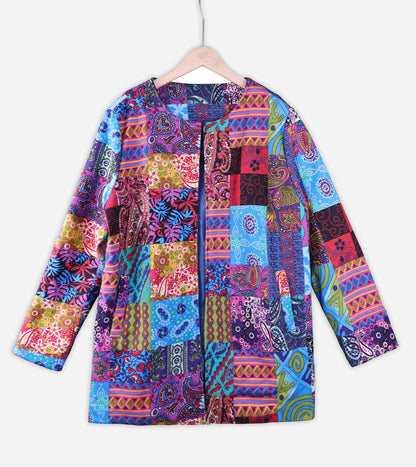 Vintage Cotton Linen Print Plus Size Women Cardigan Coat-Navy Blue-L-Free Shipping at meselling99