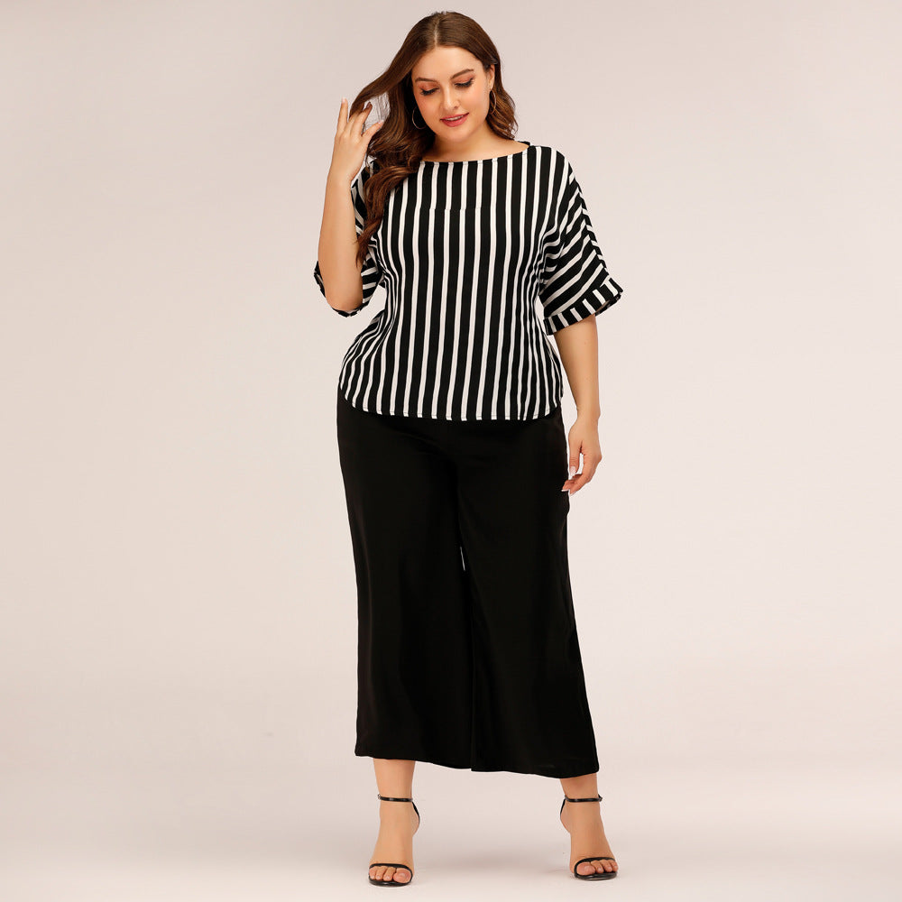 Fashion Striped Plus Sizes Tops and Pants Women Suits