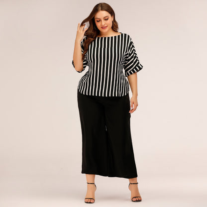 Fashion Striped Plus Sizes Tops and Pants Women Suits