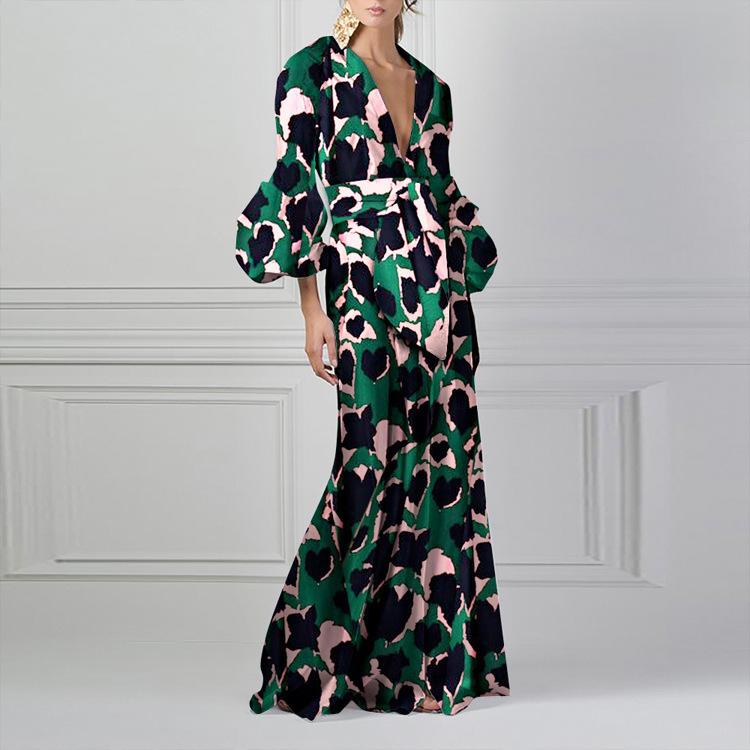 Women Floral Print Long Sleeves V Neck Long Dresses