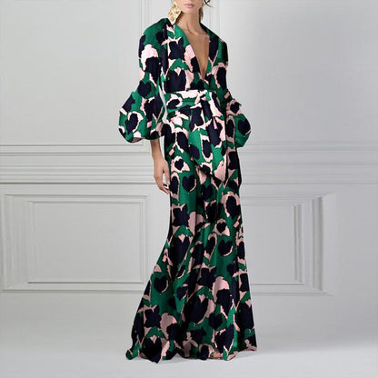 Women Floral Print Long Sleeves V Neck Long Dresses