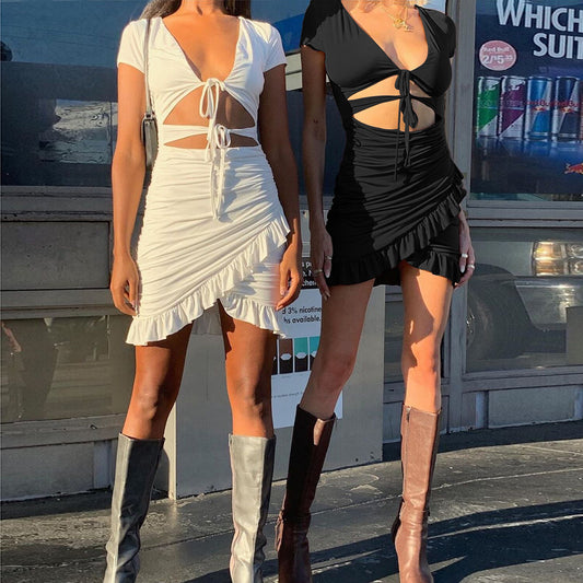 Sexy Deep V Neck Ruffled Bodycon Dresses