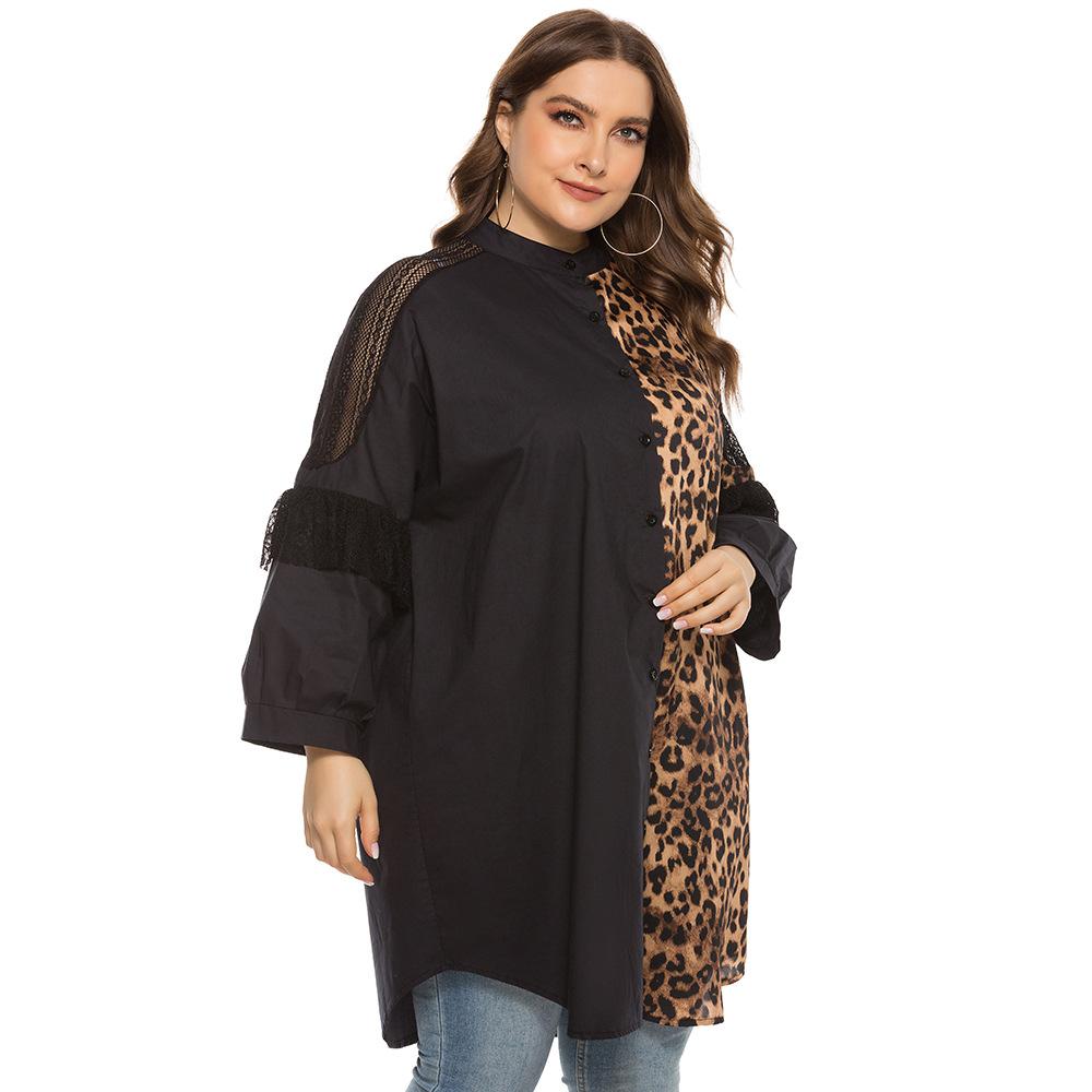 Women Plus Sizes Lace Leopard Fall Blouses-STYLEGOING