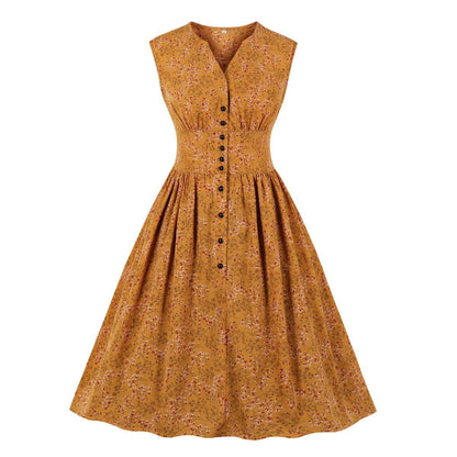 Summer Sleevess Retro Floral Print Women Dresses-STYLEGOING
