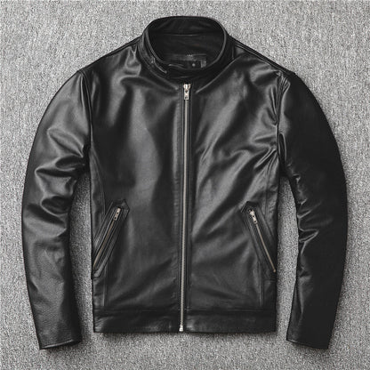 Fashion Cowhide Leather Stand Collar Short Jackets for Men