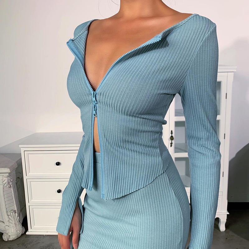 Sexy Knitting Slim Long Sleeves Zipper Tops and Skirts Sets