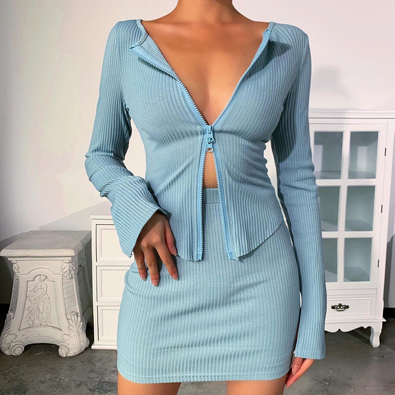 Sexy Knitting Slim Long Sleeves Zipper Tops and Skirts Sets