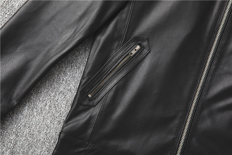 Fashion Cowhide Leather Stand Collar Short Jackets for Men