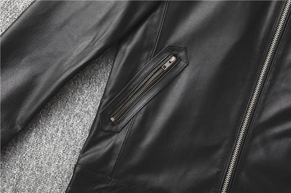 Fashion Cowhide Leather Stand Collar Short Jackets for Men