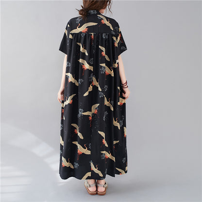 Summer Stand Collar Crane Print Plus Sizes Women Long Shirt Dresses