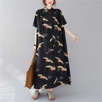 Summer Stand Collar Crane Print Plus Sizes Women Long Shirt Dresses