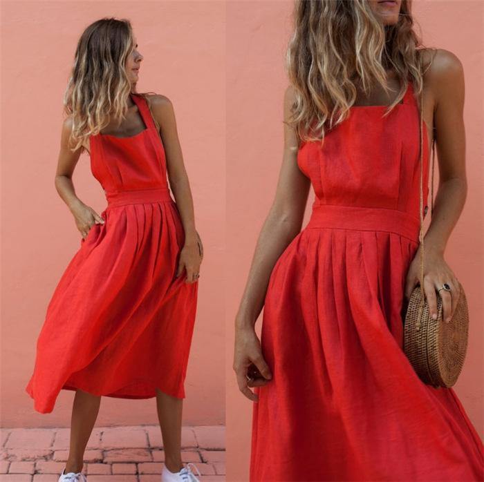 Red Women Strps Midi Length Dresses-STYLEGOING