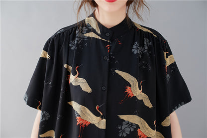 Summer Stand Collar Crane Print Plus Sizes Women Long Shirt Dresses
