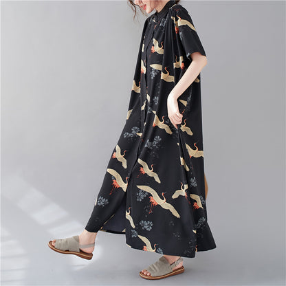 Summer Stand Collar Crane Print Plus Sizes Women Long Shirt Dresses