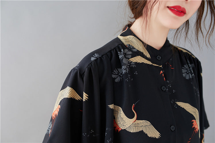 Summer Stand Collar Crane Print Plus Sizes Women Long Shirt Dresses