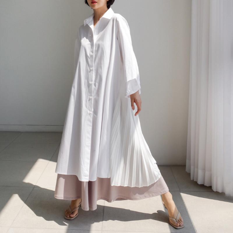 Classy Women Plus Sizes Pleated Long Shirt Dresses-STYLEGOING