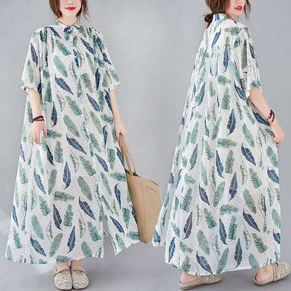 Summer Leaf Print Plus Sizes Women Long Shirt Dresses