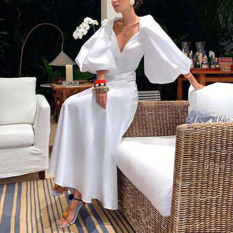 White Backless Puff Long Dresses-STYLEGOING