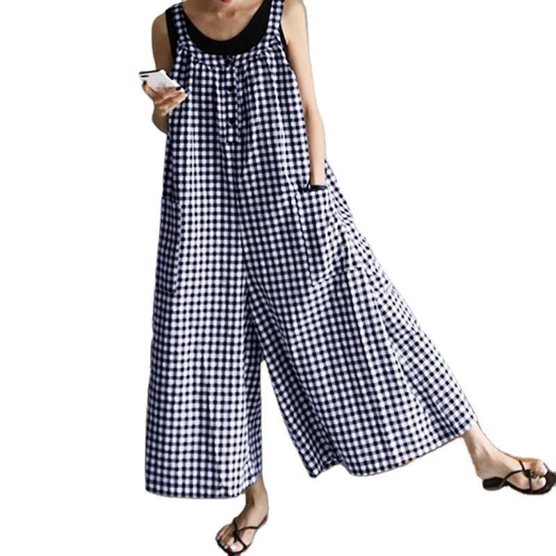Vintage Women Plaid Loose Sleeveless Jumpsuits-STYLEGOING