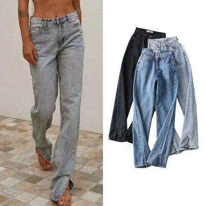 Casual High Waist Split Women Fall Jean Pants