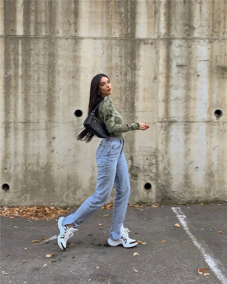 Casual High Waist Split Women Fall Jean Pants