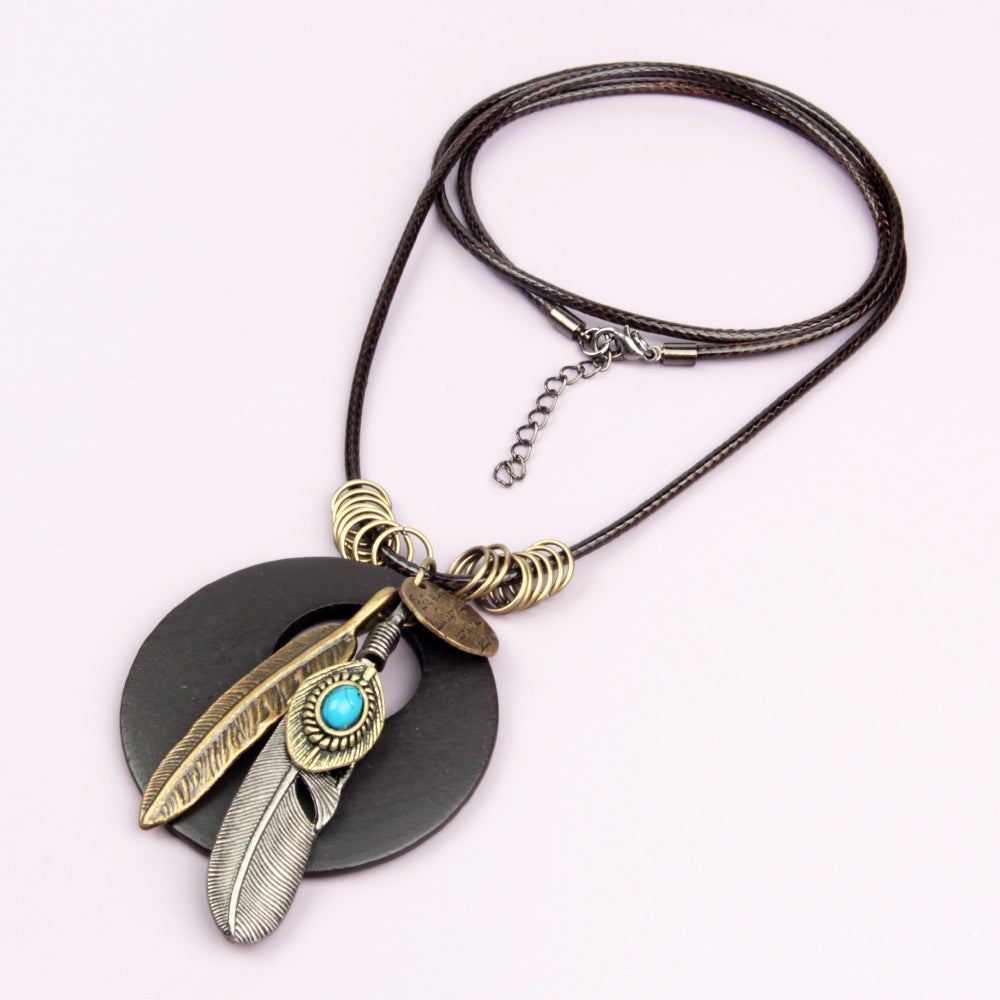 Ethnic Vintage Feather Round Wood Long Sweater Chains