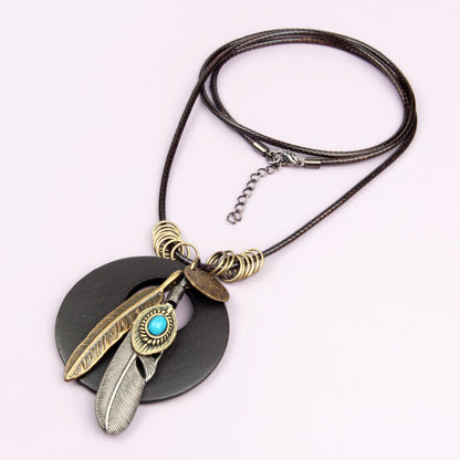 Ethnic Vintage Feather Round Wood Long Sweater Chains