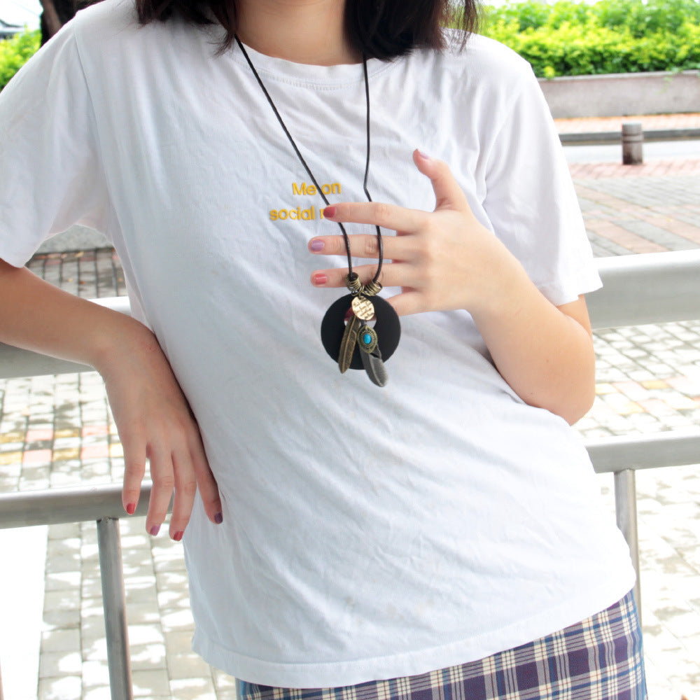 Ethnic Vintage Feather Round Wood Long Sweater Chains
