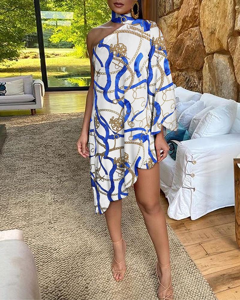 Sexy Ruffled Print One Shoulder Irregular Dresses-STYLEGOING