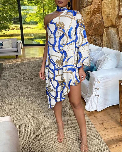 Sexy Ruffled Print One Shoulder Irregular Dresses-STYLEGOING