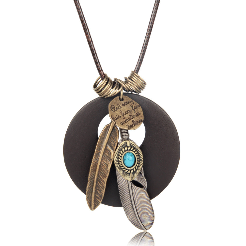 Ethnic Vintage Feather Round Wood Long Sweater Chains
