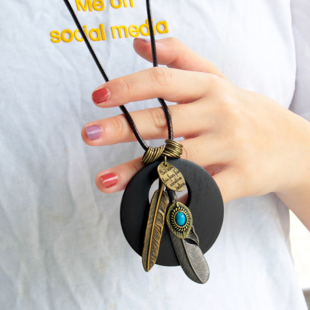 Ethnic Vintage Feather Round Wood Long Sweater Chains