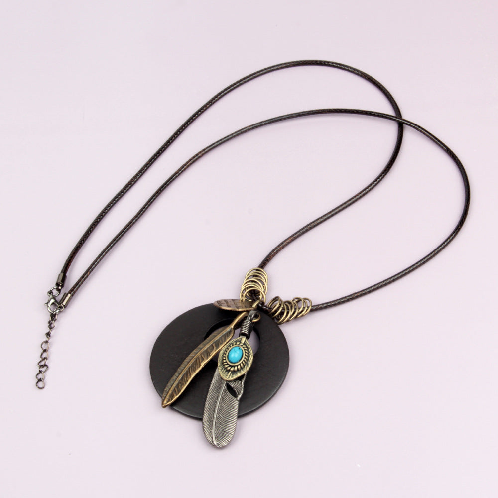 Ethnic Vintage Feather Round Wood Long Sweater Chains
