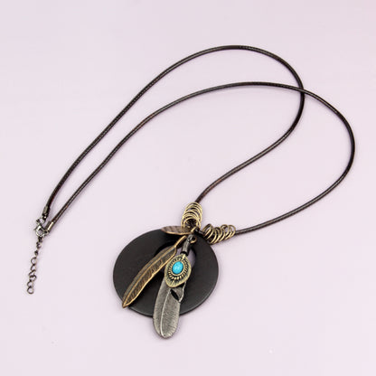 Ethnic Vintage Feather Round Wood Long Sweater Chains