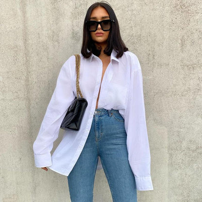 White Long Sleeves Stand Collar Women Shirts-White-One Size-Free Shipping at meselling99