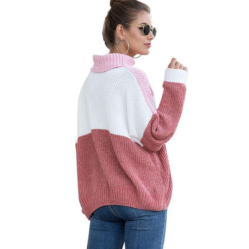 Women Constract High Neck Knitting Sweater-STYLEGOING