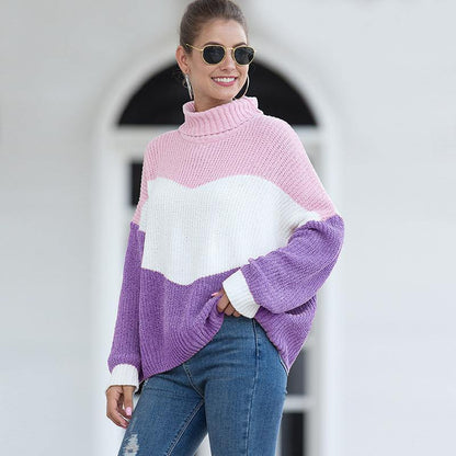 Women Constract High Neck Knitting Sweater-STYLEGOING