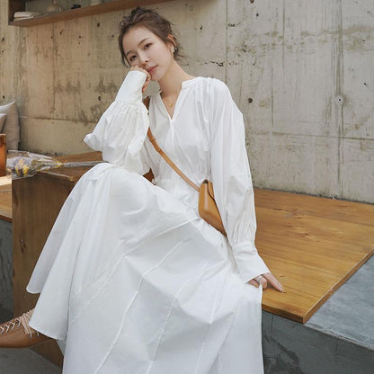 White Long Sleeves Fall Long Maxi Dresses-STYLEGOING