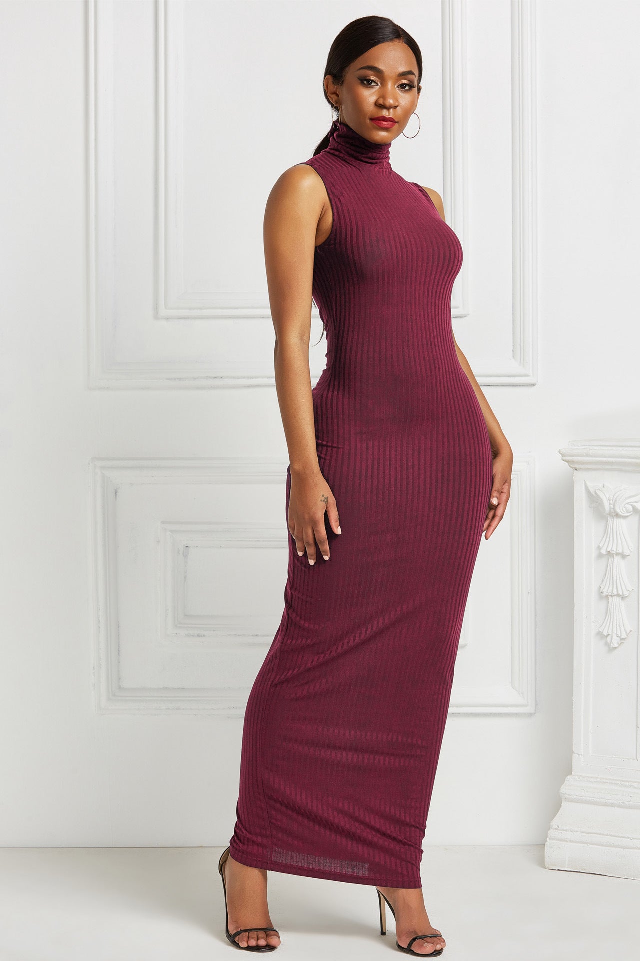 Wine Red Turtleneck Sleeveless Long Sheath Knitted Dresses
