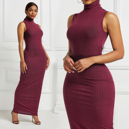 Wine Red Turtleneck Sleeveless Long Sheath Knitted Dresses