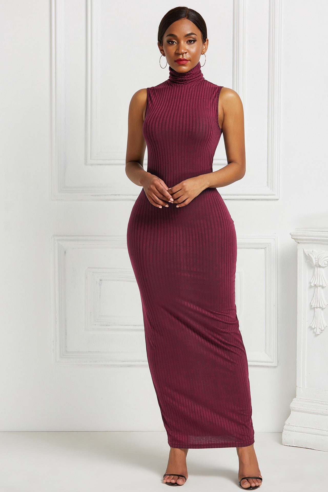 Wine Red Turtleneck Sleeveless Long Sheath Knitted Dresses