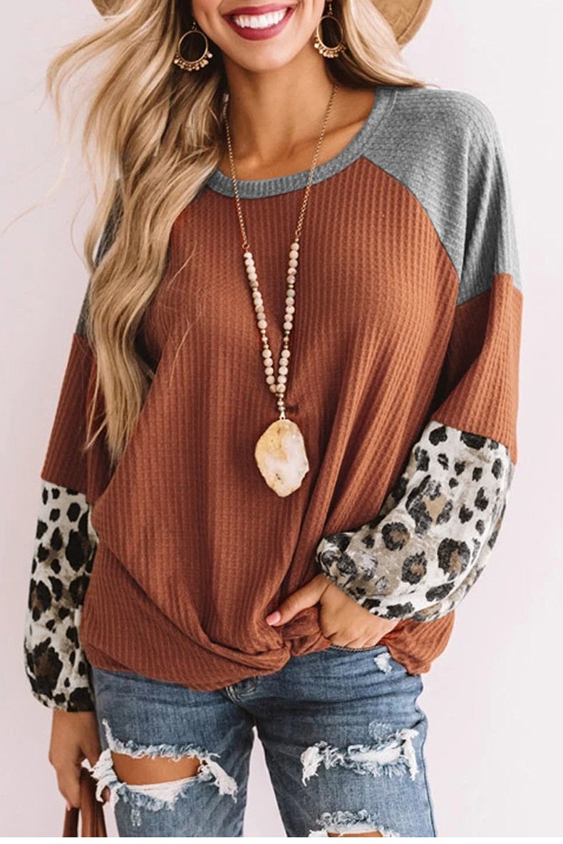 Casual Women Leopard Knitting Long Sleeves T Shirts-STYLEGOING