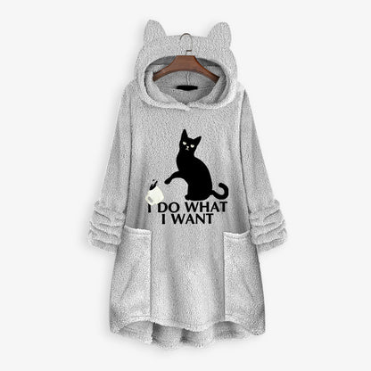 Casual Embroidery Cat Designed Loose Hoodies for Women