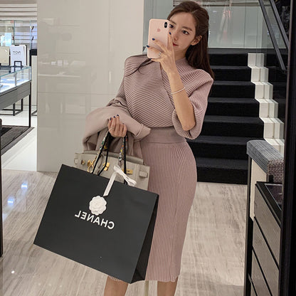 Women Knitting Bat Sleeves Tops and Sheath Skirts 2pcs Sets