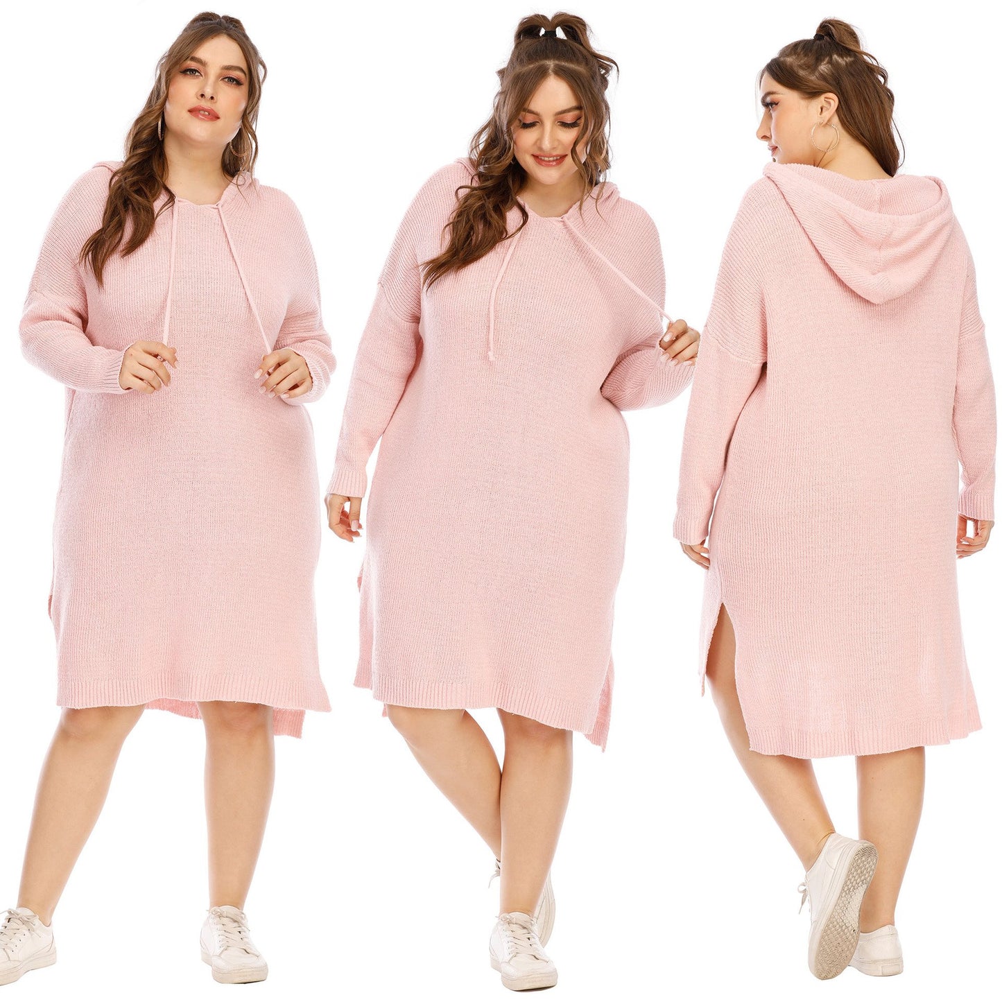 Pink Long Sleeves Plus Sizes Sweater Dress-STYLEGOING